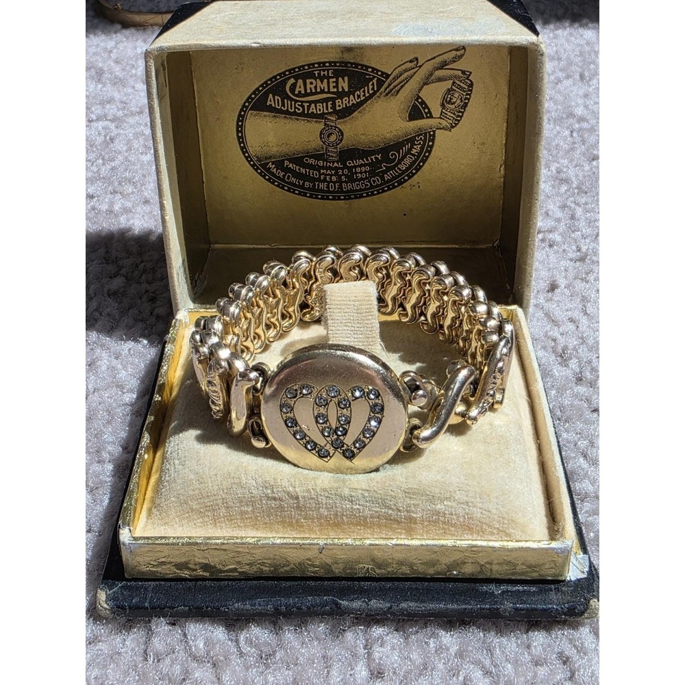 Antique 1890 Carmen Bracelet D.F. Briggs Gold Filled Hearts Box No Back AS IS